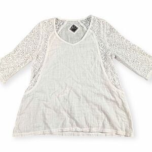 BLANC DU NIL Women’s White Lace Raglan Sleeve Linen Blend Top Size XS